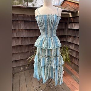 Hannah Artwear ruched midi dress 3 tiered blue green floral poplin Ariella 0 XS